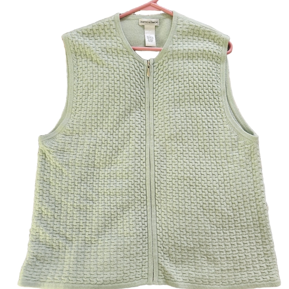 Vintage Womens Zip-Up Sweater Vest Cardigan Soft Green Cable Texture Size L